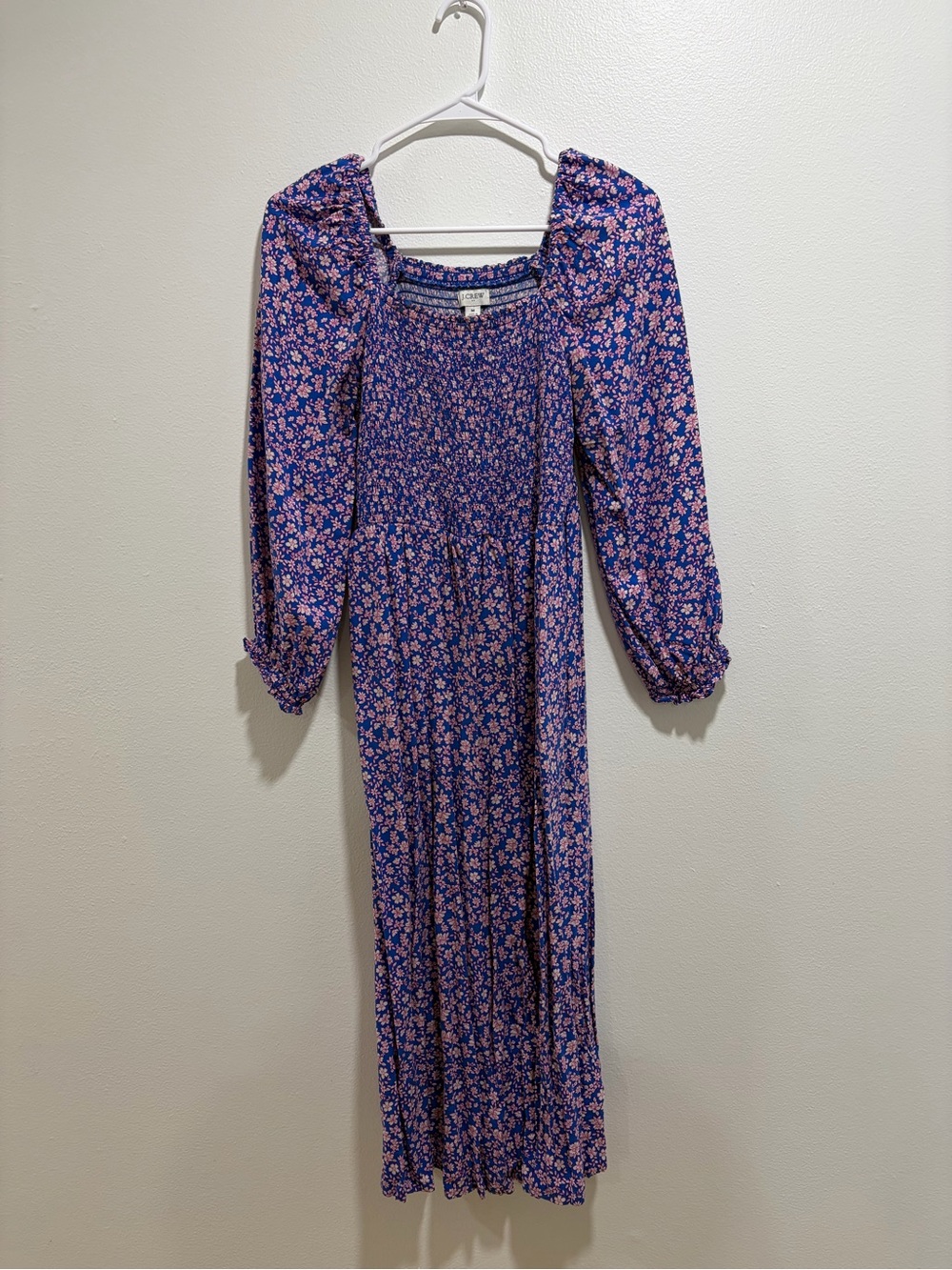 J. Crew Blue Floral Square-Neck Midi Dress with Pink Blossoms - Picture 4 of 4